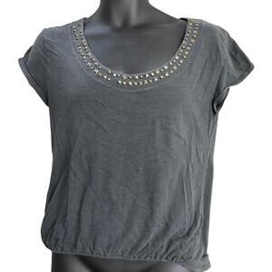 American Eagle Blouse Size M Gray 100% Cotton Studded Scoop Neck Short Sleeve